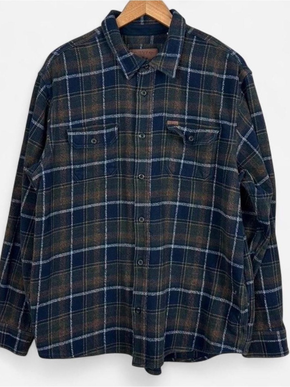 Orvis black and brown plaid flannel shacket with pockets